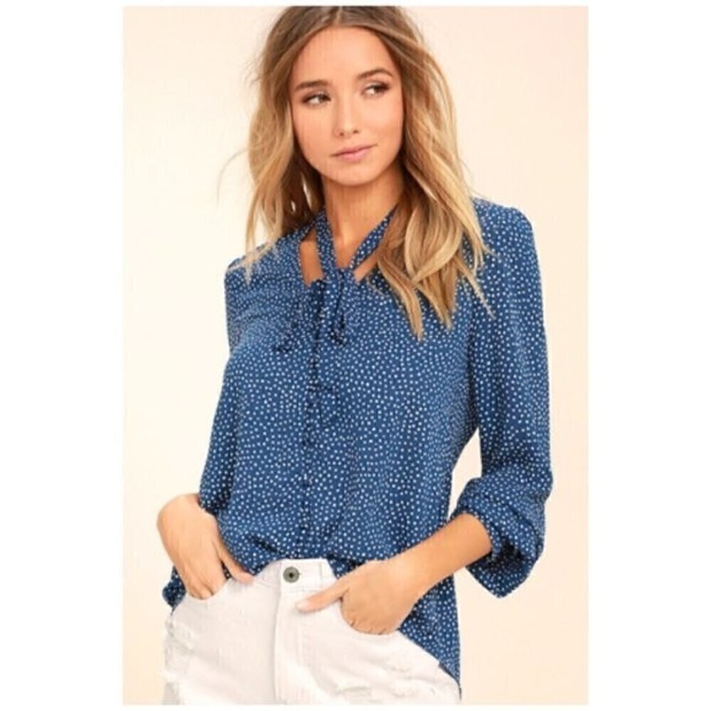 Lulus On the Spot Denim Blue Polka Dot Button-Up Long Sleeve Top Size XS